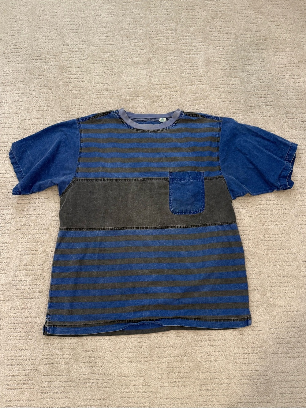 Vintage Denim Style Blue & Gray Striped Short Sleeve Pocket Tee